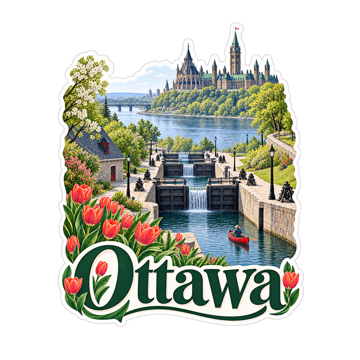 Ottawa Spring Canal Locks and Tulips Art Vinyl Decal Stickers