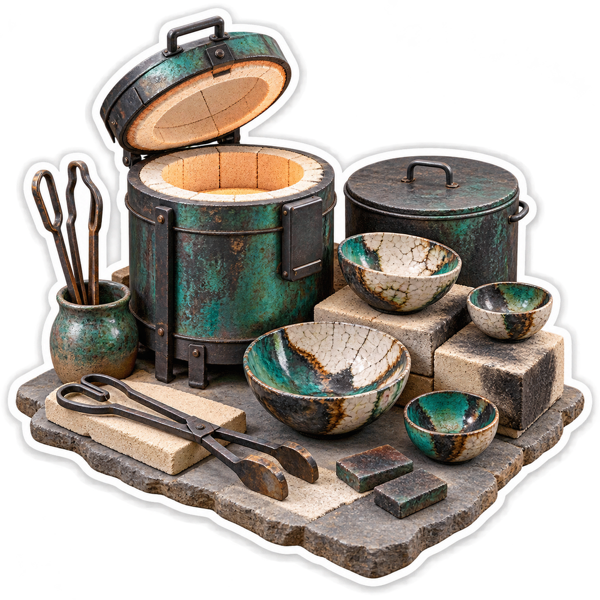 Green Pottery Kiln With Bowls and Tongs Art Vinyl Decal Stickers