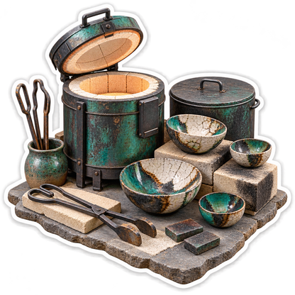 Green Pottery Kiln With Bowls and Tongs Art Vinyl Decal Stickers