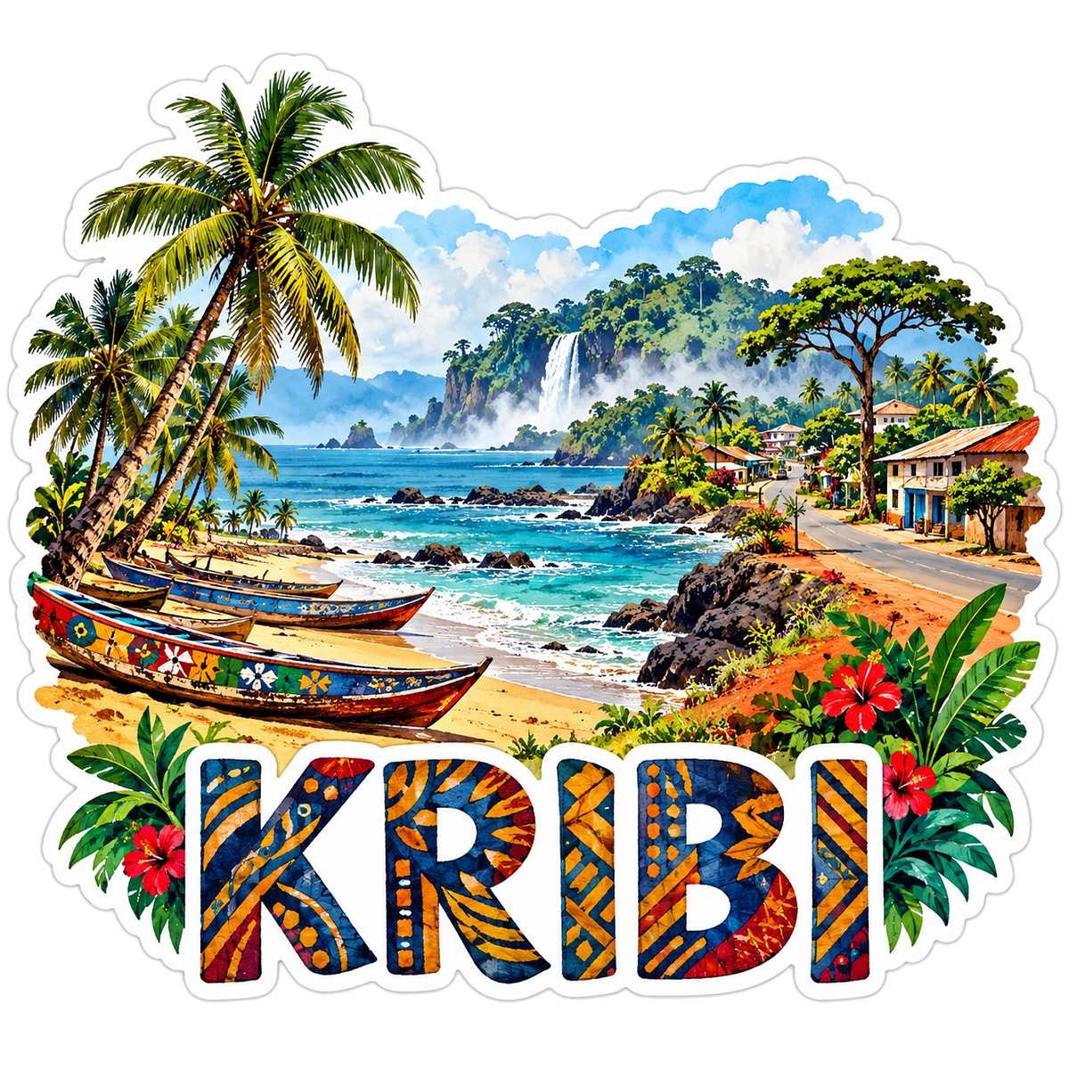 Kribi Palm Coast Boats and Waterfall Art Vinyl Decal Stickers