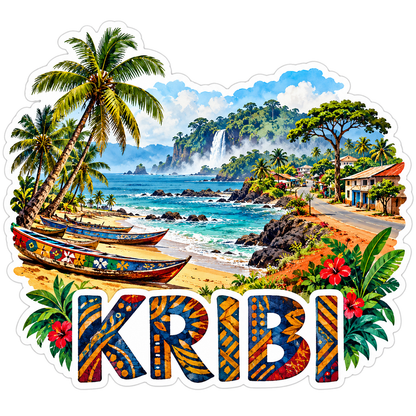 Kribi Palm Coast Boats and Waterfall Art Vinyl Decal Stickers