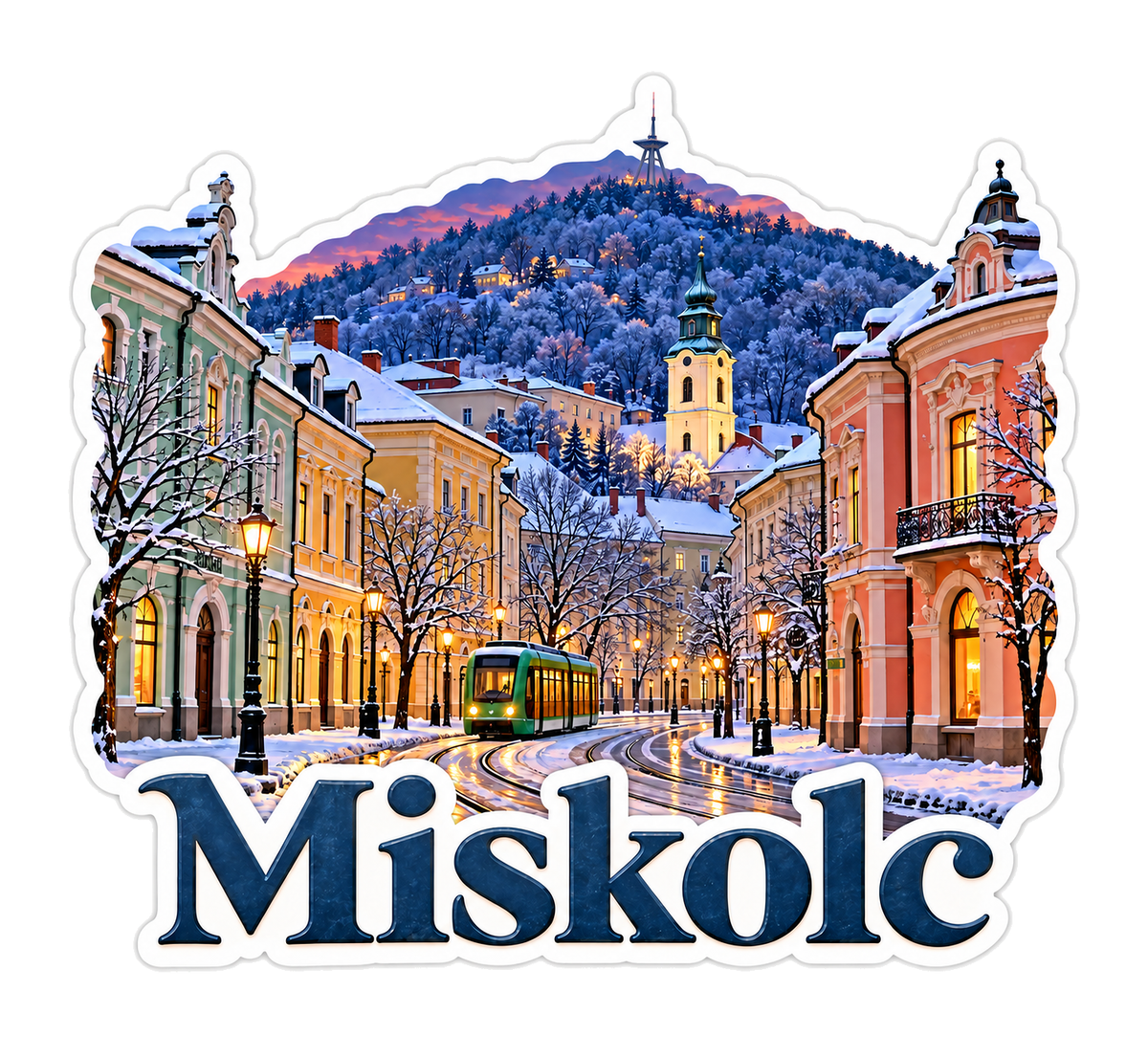 Miskolc Snowy Street and Green Tram Vinyl Decal Stickers