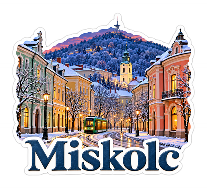 Miskolc Snowy Street and Green Tram Vinyl Decal Stickers