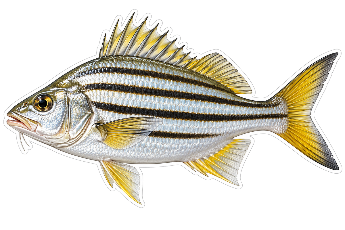 Silver Fish with Four Dark Stripes Yellow Fins Vinyl Decal Stickers