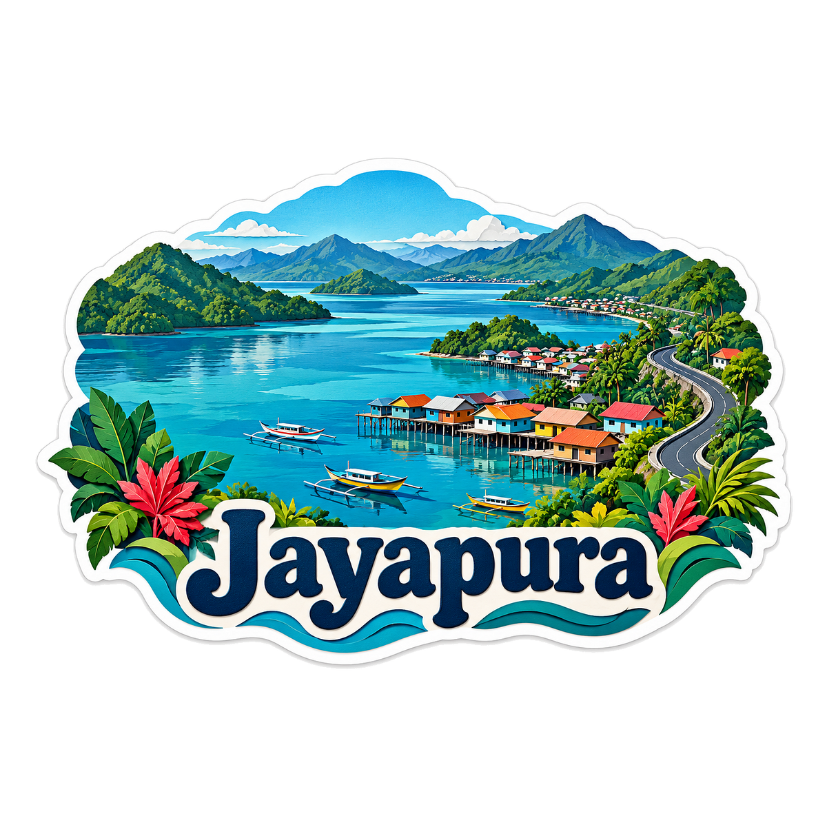 Jayapura Blue Bay and Colorful Stilt Houses Art Vinyl Decal Stickers