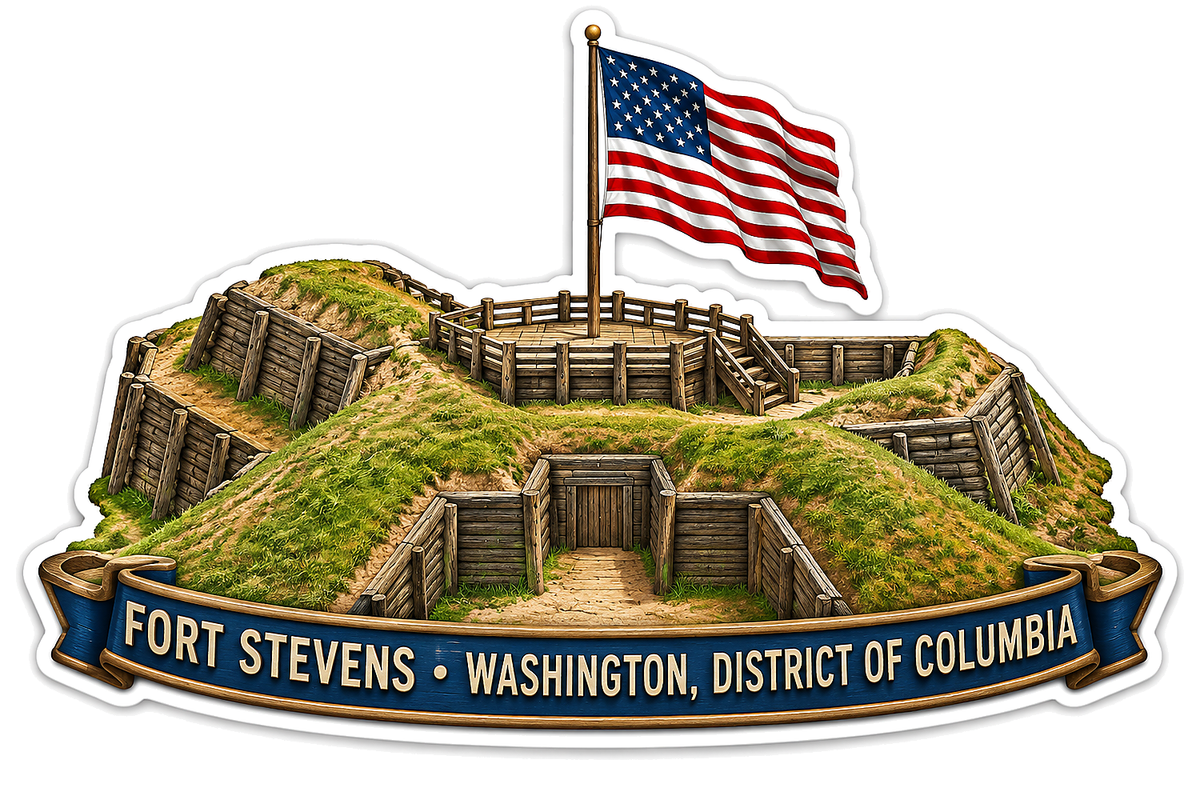 Fort Stevens Wooden Ramparts and Flag Art Vinyl Decal Stickers