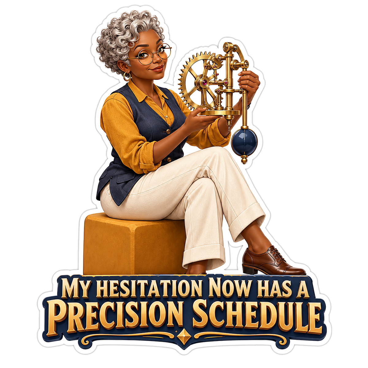 Seated Woman Holding Golden Pendulum Gears Vinyl Decal Stickers