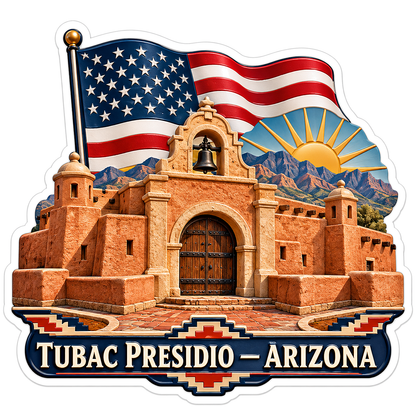 US Flag Tubac Presidio Adobe Gate and Sun Vinyl Decal Stickers