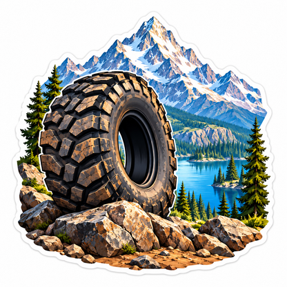 Treaded Tire beside Alpine Lake Vinyl Decal Stickers
