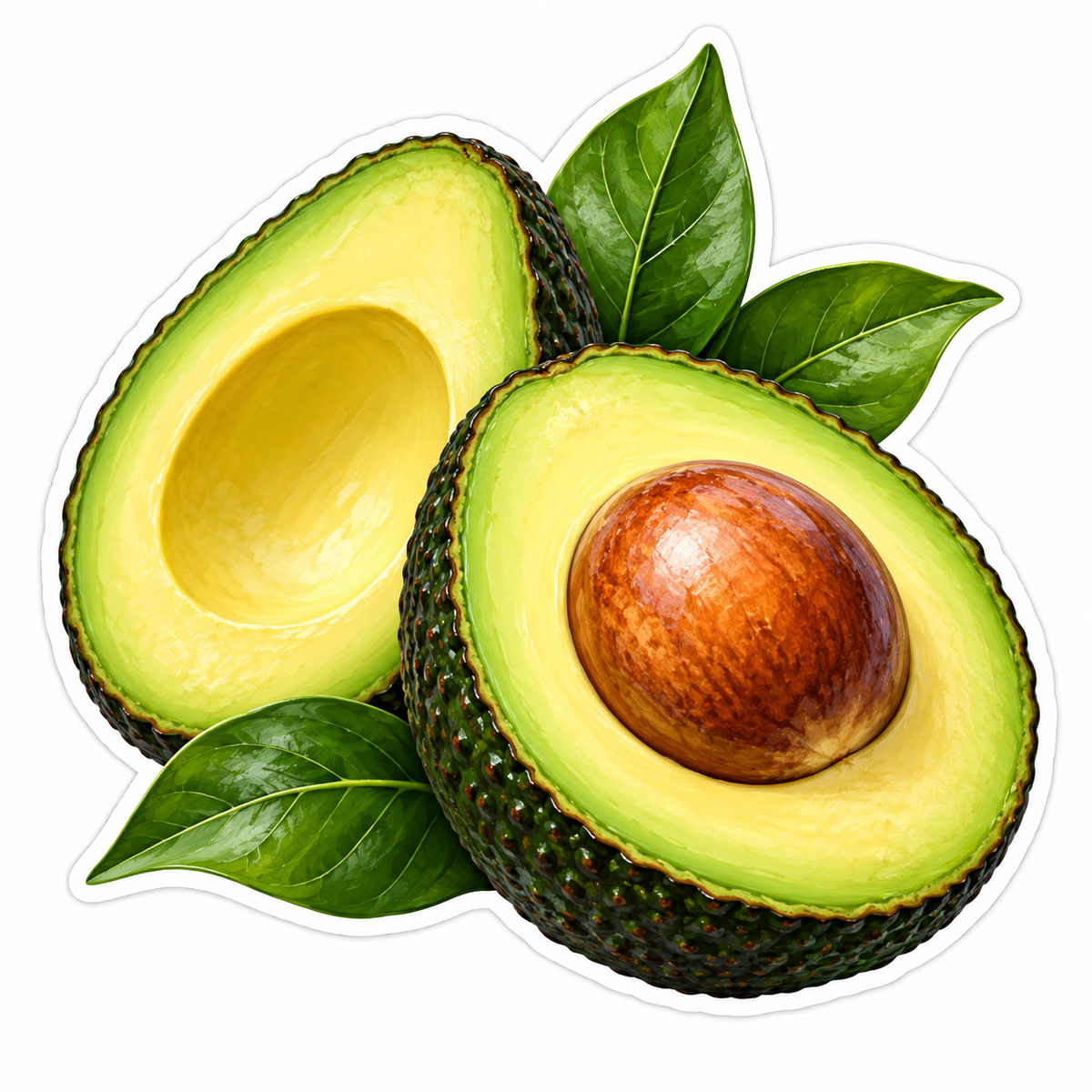 Two Avocado Halves with Green Leaves Vinyl Decal Stickers