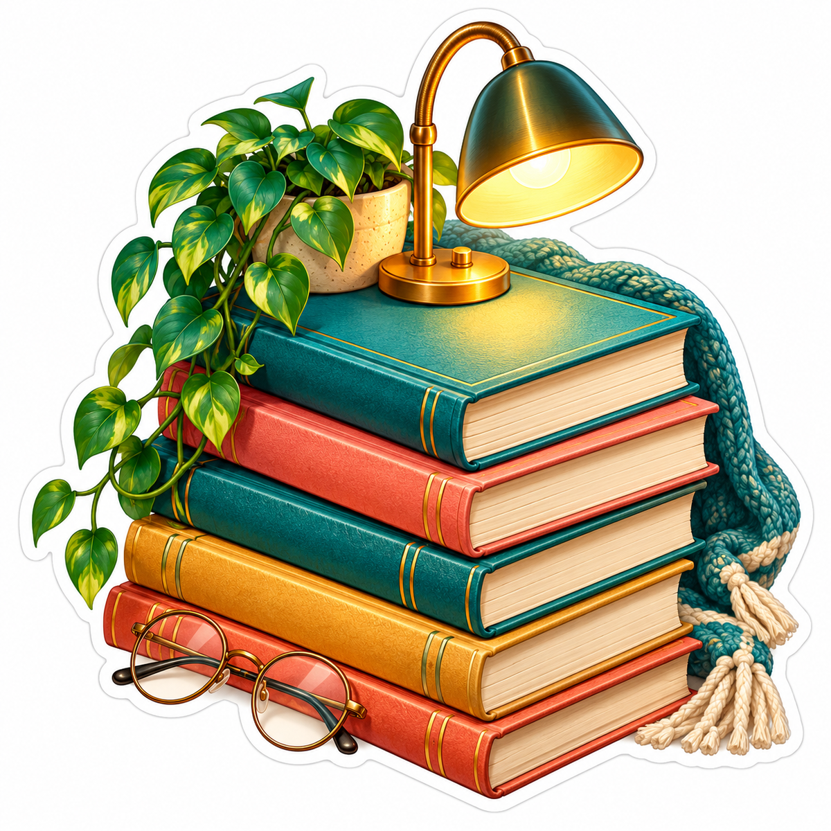 Stacked Books with Green Reading Lamp Art Vinyl Decal Stickers