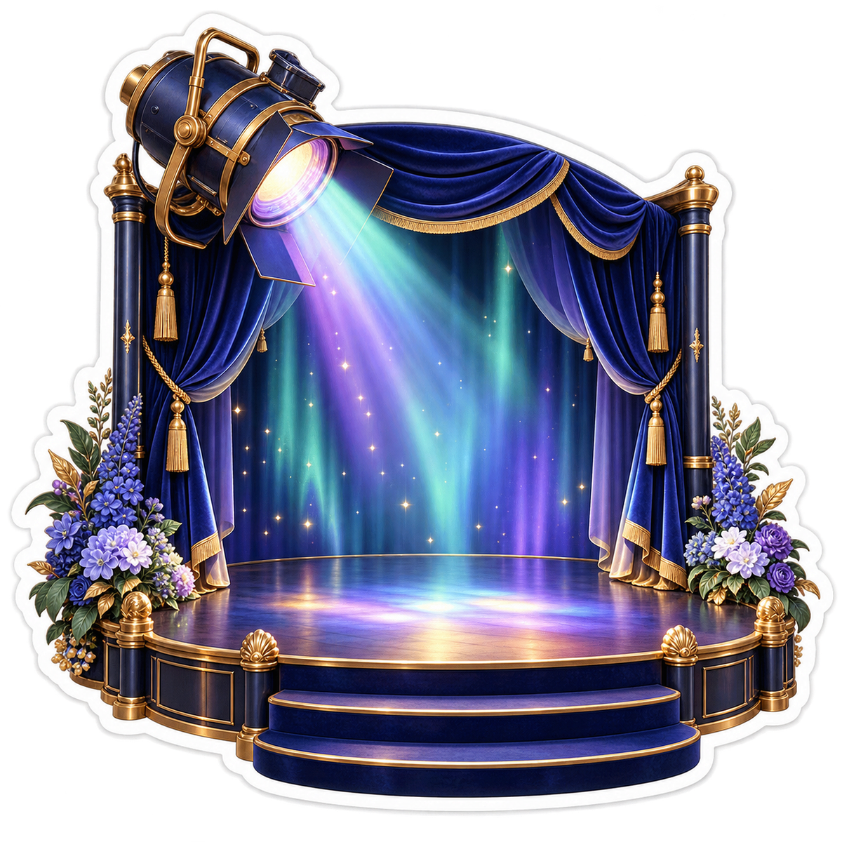 Blue Draped Stage with Rainbow Spotlight Vinyl Decal Stickers