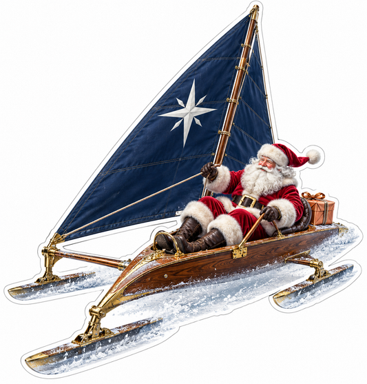 Santa Sailing on an Ice Sled with Blue Star Sail Vinyl Decal Stickers