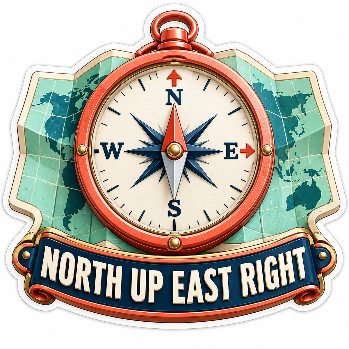 North Up East Right Red Compass and Map Vinyl Decal Stickers