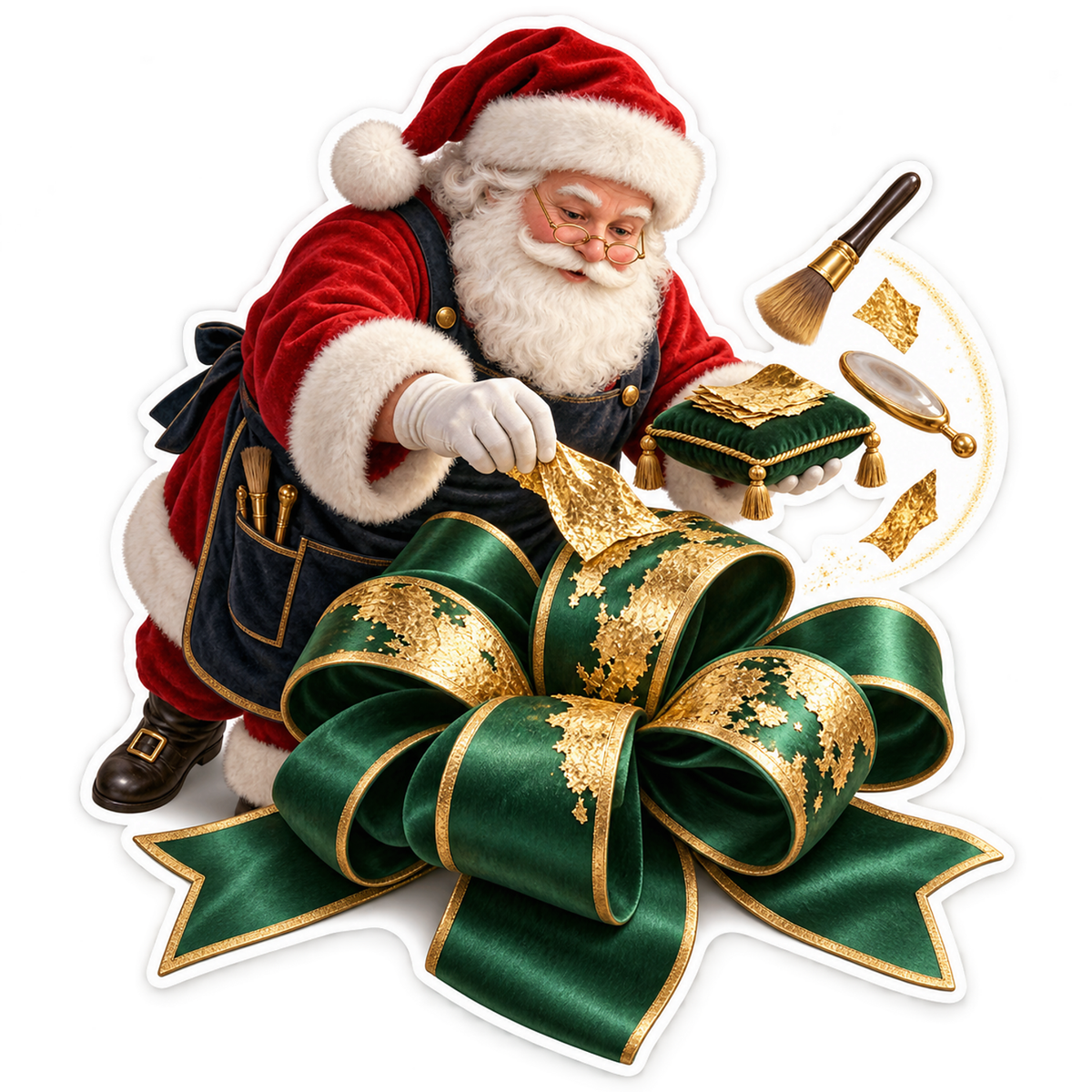 Santa Adding Gold Leaf to Green Bow Art Vinyl Decal Stickers