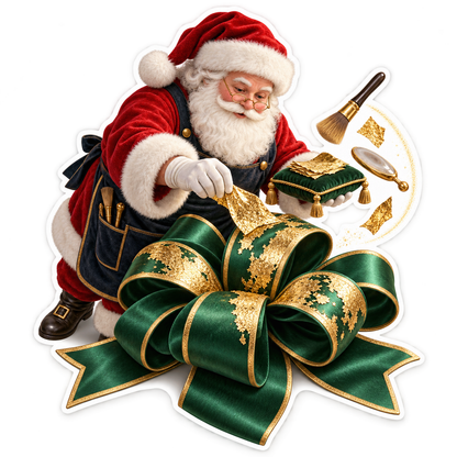 Santa Adding Gold Leaf to Green Bow Art Vinyl Decal Stickers