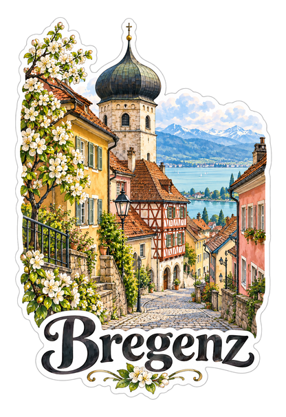 Bregenz Old Town Lane with White Blossoms Vinyl Decal Stickers