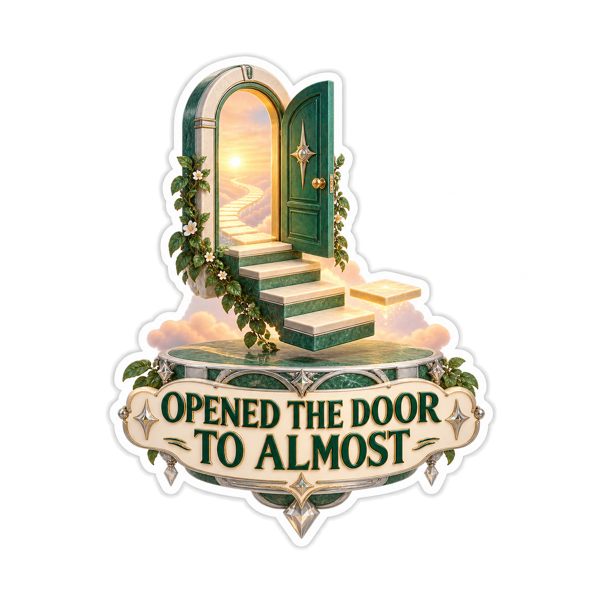 Green Door and Floating Golden Steps Art Vinyl Decal Stickers