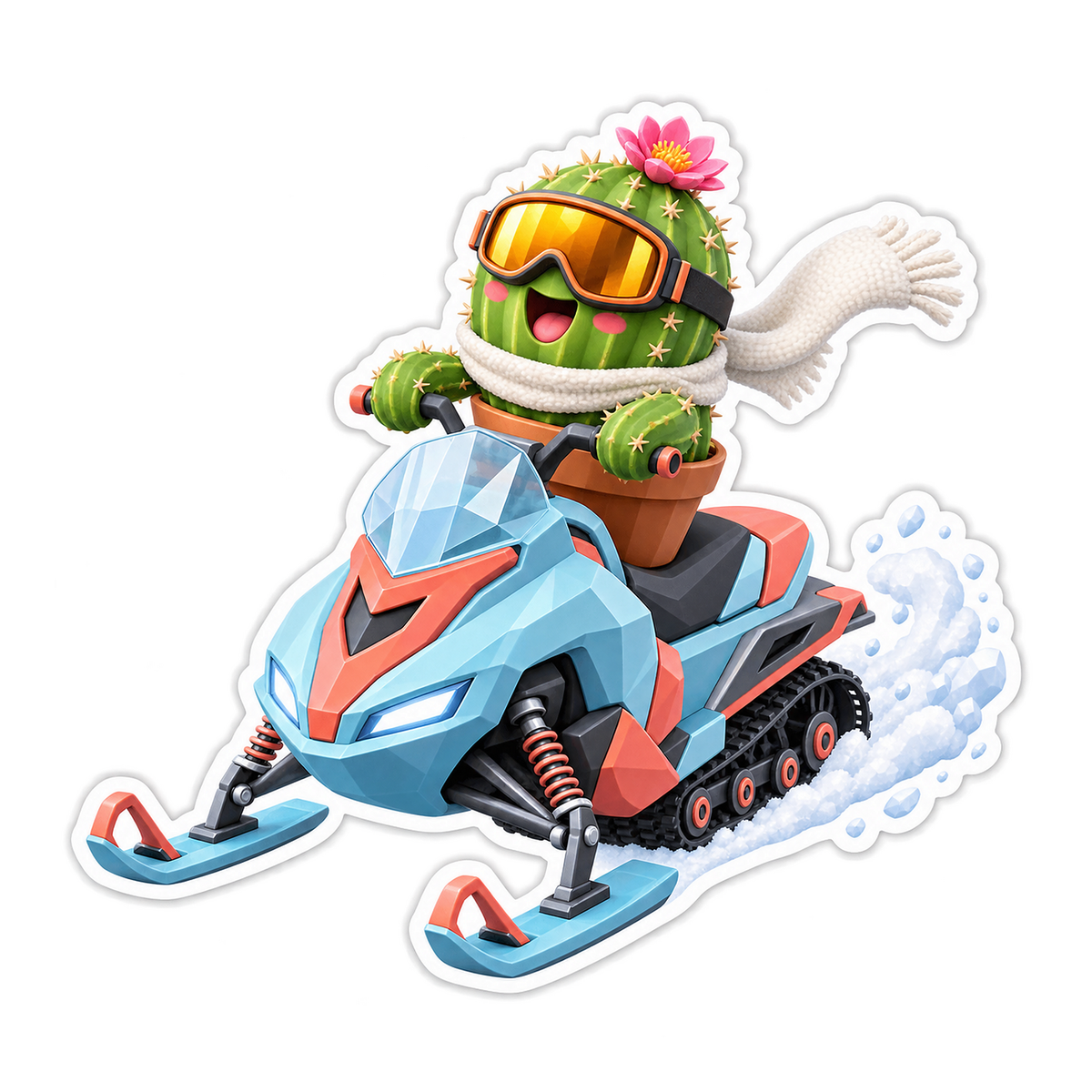 Cactus Riding Blue Snowmobile Art Vinyl Decal Stickers