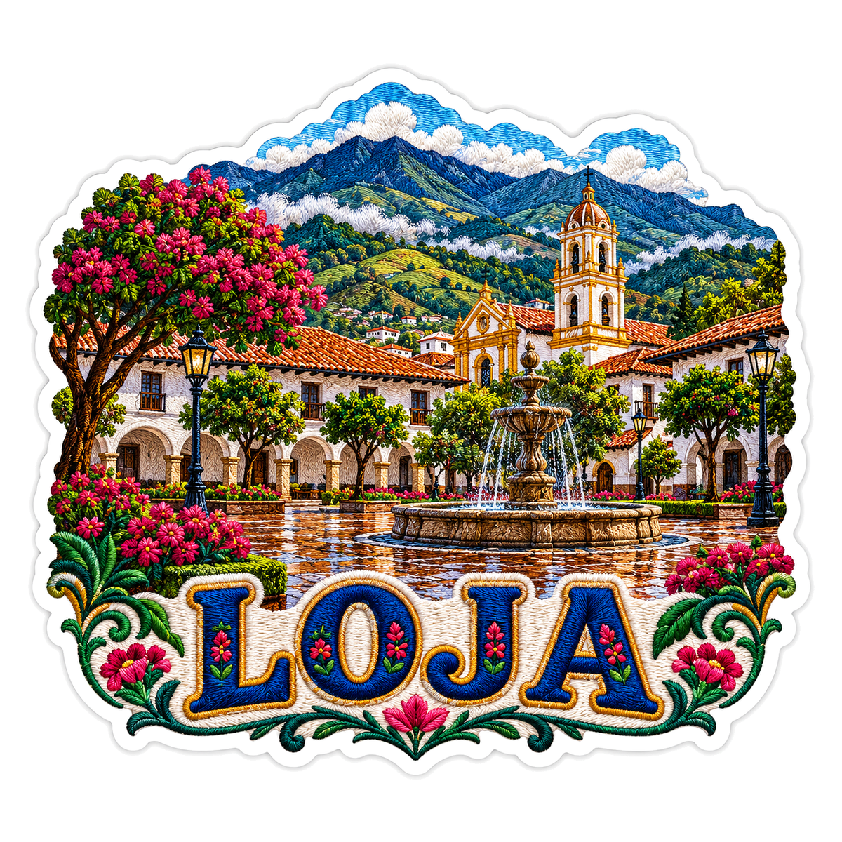 Loja Mountain Plaza Fountain Travel Art Vinyl Decal Stickers