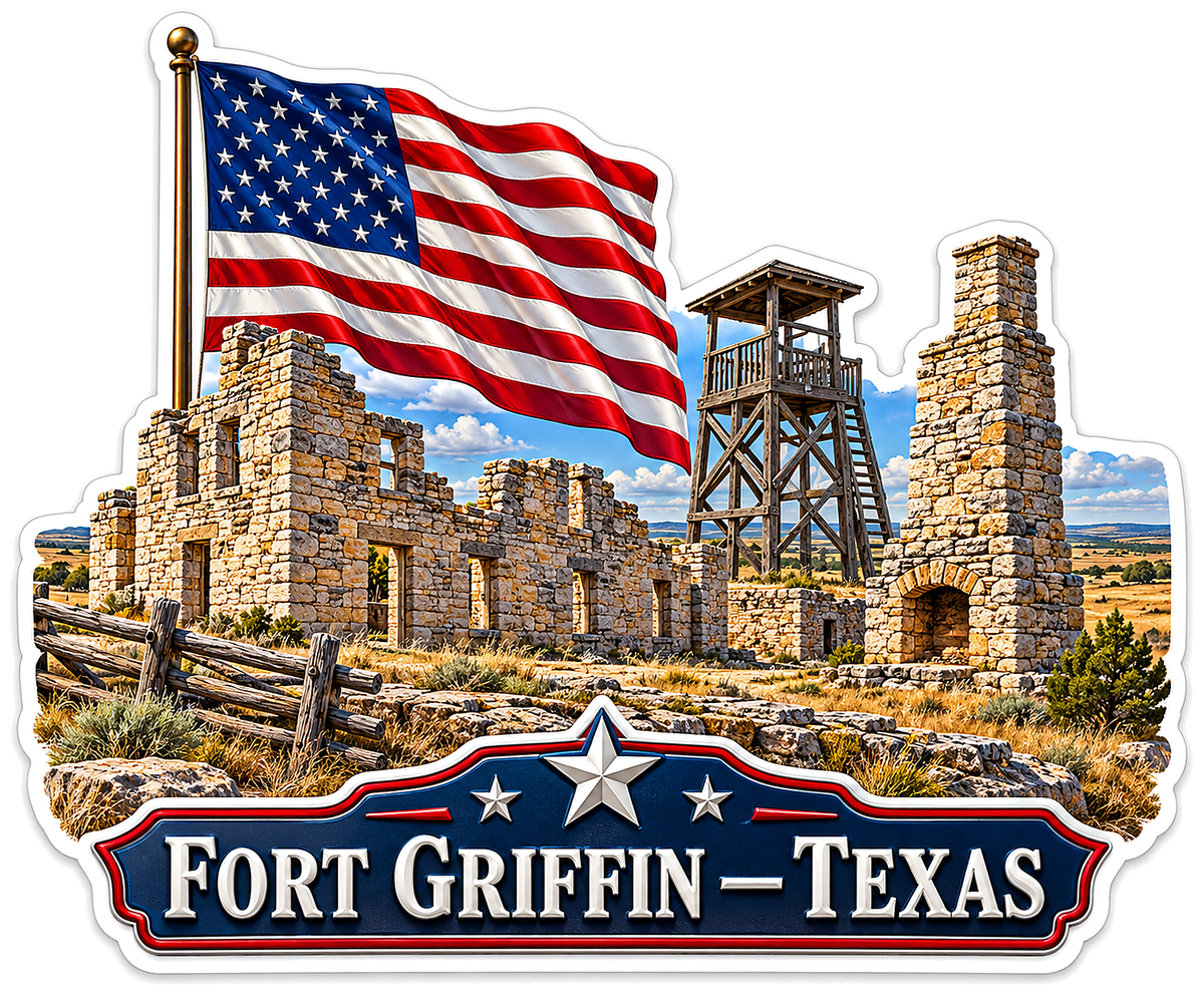 Texas Stone Fort Ruins and US Flag Art Vinyl Decal Stickers