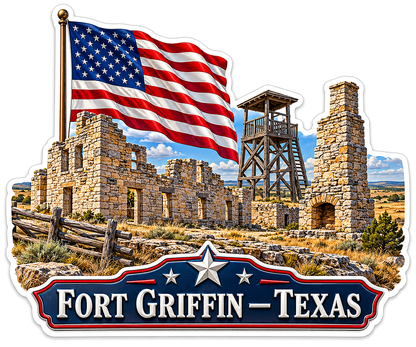 Texas Stone Fort Ruins and US Flag Art Vinyl Decal Stickers