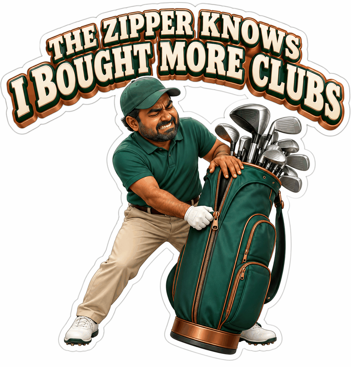 Golfer Struggling with Overfilled Bag Zipper Vinyl Decal Stickers