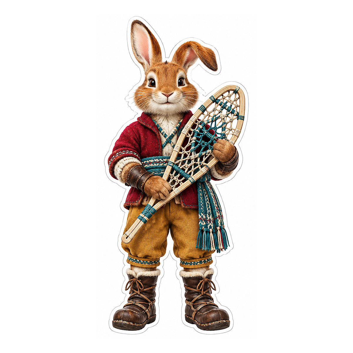 Brown Rabbit Holding Woven Snowshoe Art Vinyl Decal Stickers