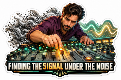Man Adjusting Sound Mixer with Glowing Waves Vinyl Decal Stickers