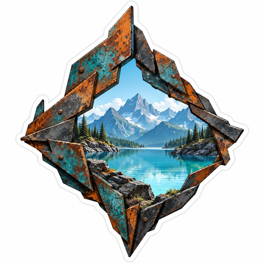 Weathered Metal Frame Mountain Lake Vinyl Decal Stickers
