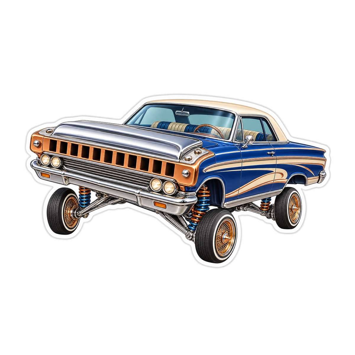 Blue Lowrider with Harmonica Grille Art Vinyl Decal Stickers
