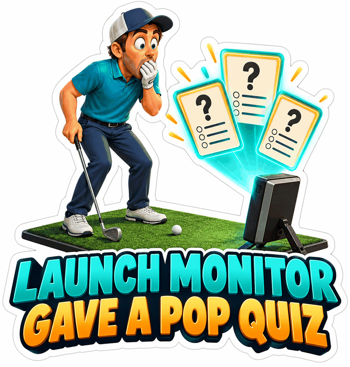 Surprised Golfer Facing Glowing Quiz Cards Vinyl Decal Stickers