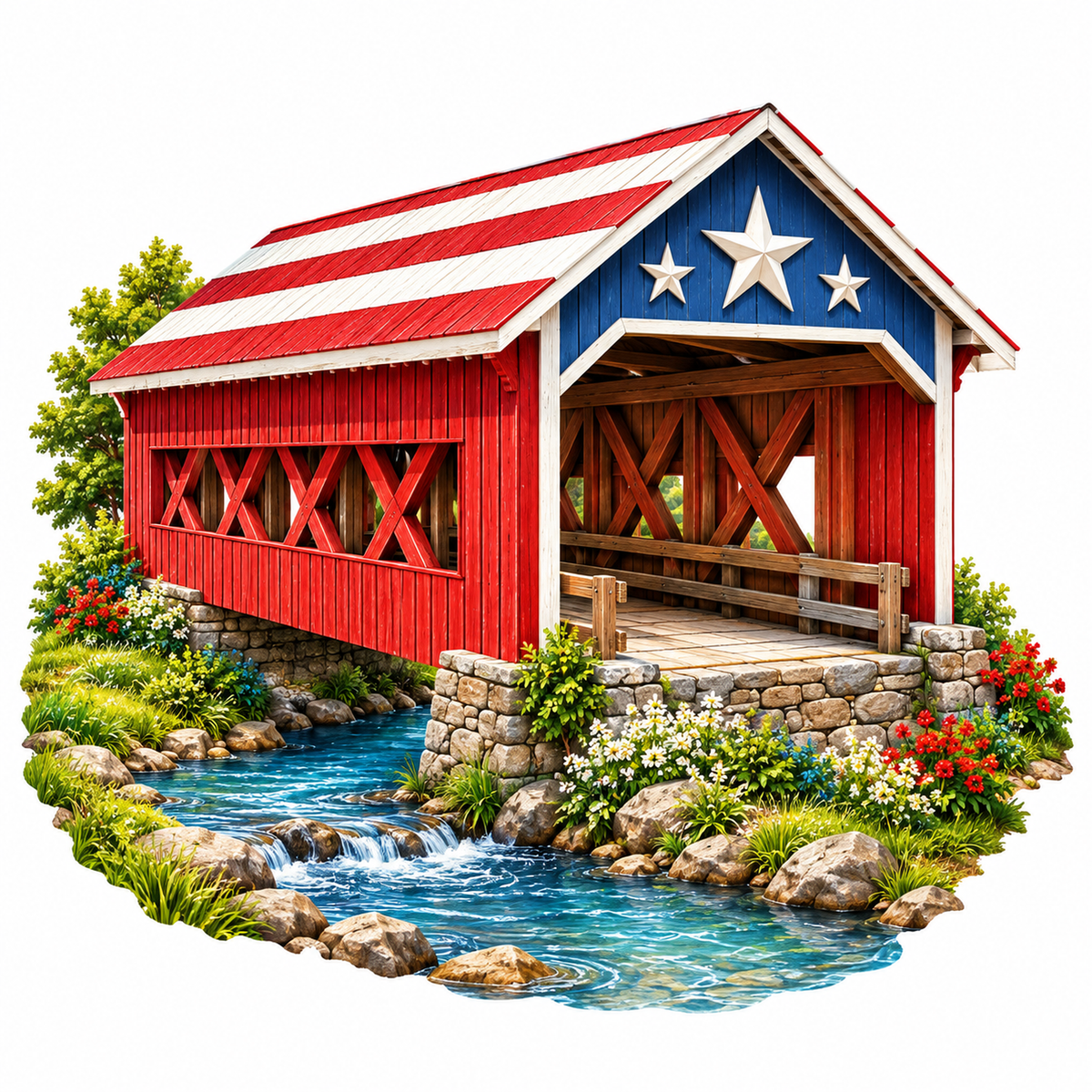 Red Covered Bridge with Star Spangled Roof Vinyl Decal Stickers