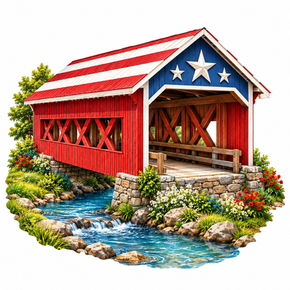 Red Covered Bridge with Star Spangled Roof Vinyl Decal Stickers