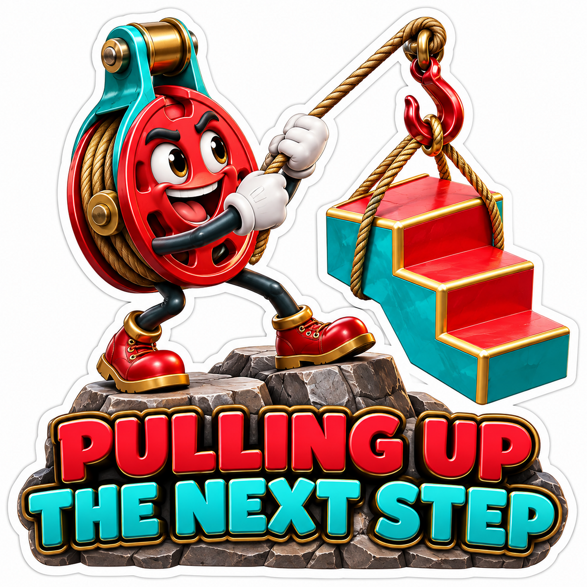 Red Pulley Character Lifting a Colorful Stair Vinyl Decal Stickers
