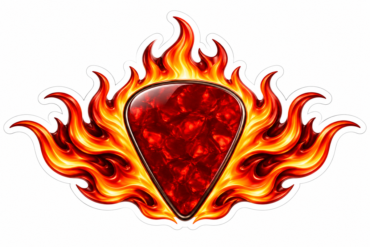 Red Marbled Guitar Pick in Orange Flames Vinyl Decal Stickers
