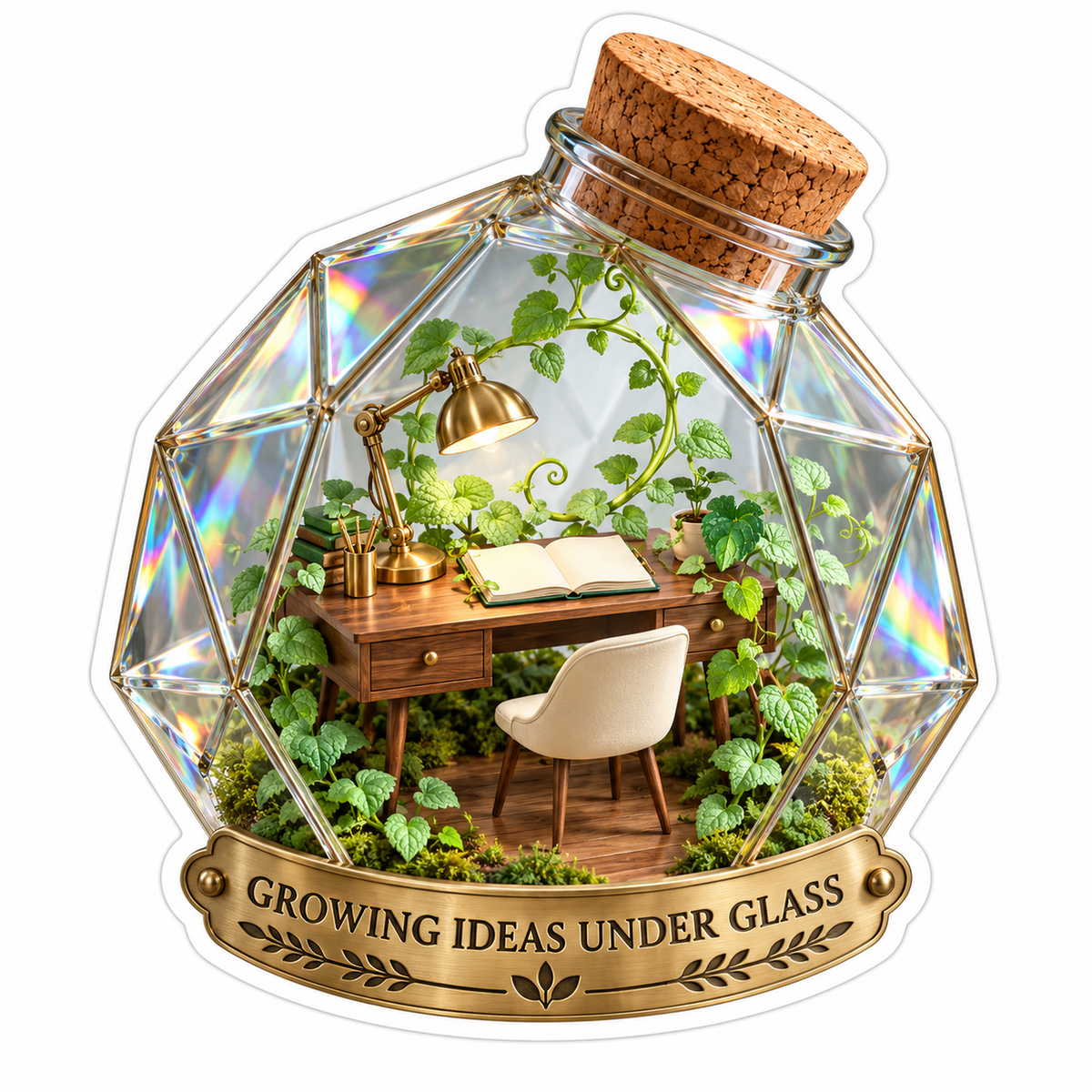 Tiny Plant Filled Office in Glass Bottle Art Vinyl Decal Stickers