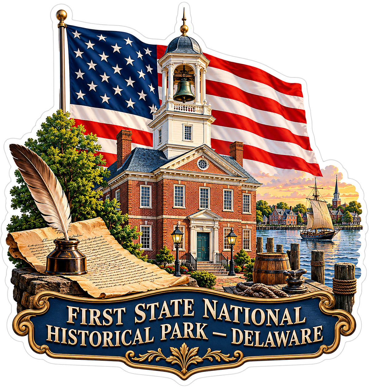 US Flag Colonial Clock Tower and Quill Vinyl Decal Stickers