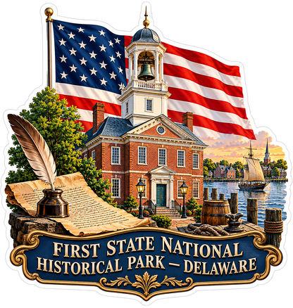 US Flag Colonial Clock Tower and Quill Vinyl Decal Stickers