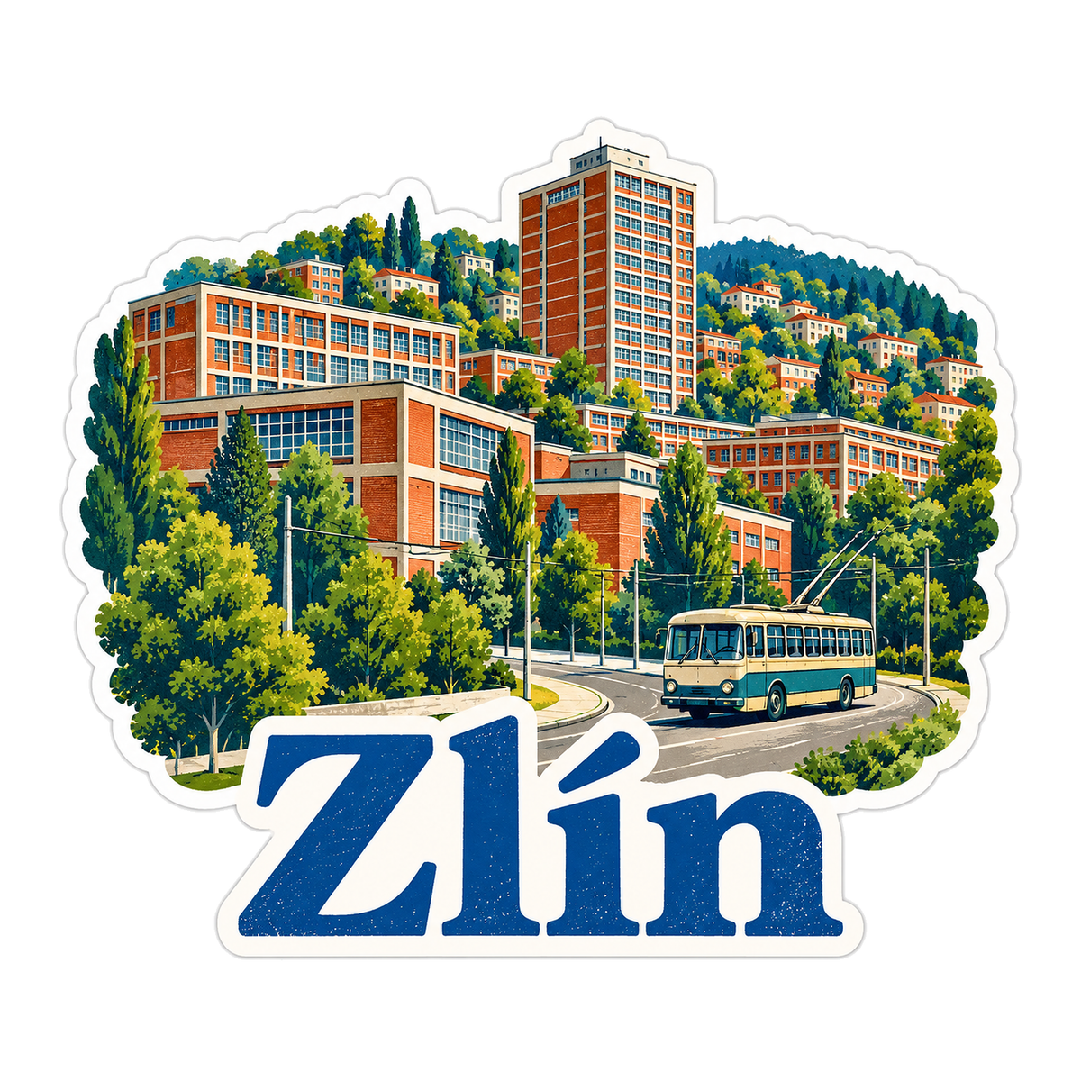 Zlin Brick Buildings and Trolleybus Art Vinyl Decal Stickers