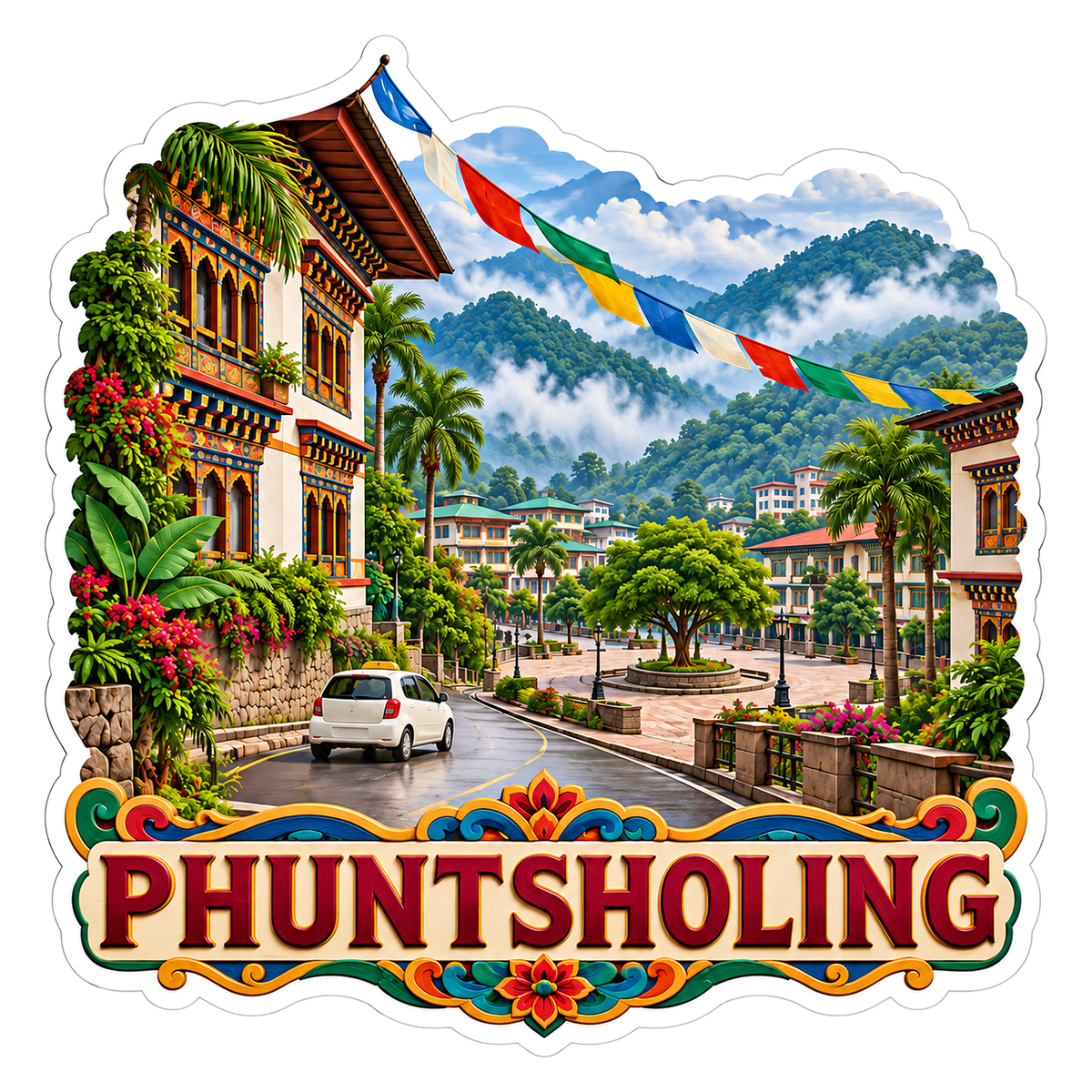Phuntsholing Mountain Plaza Flags Art Vinyl Decal Stickers
