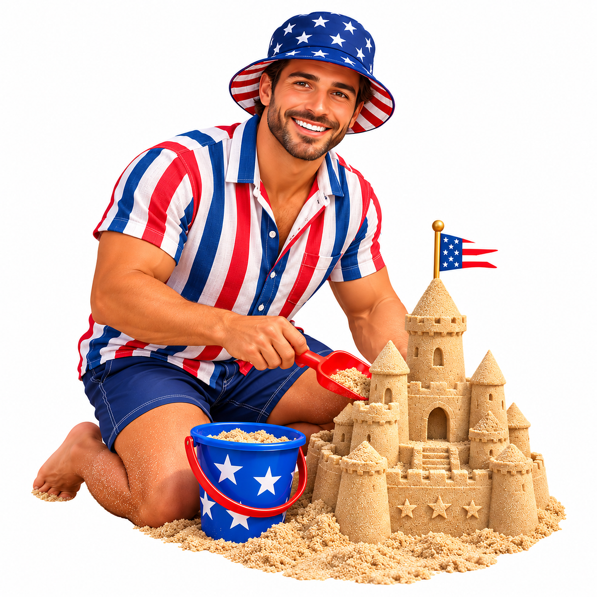 Patriotic Man Building Sandcastle Art Vinyl Decal Stickers