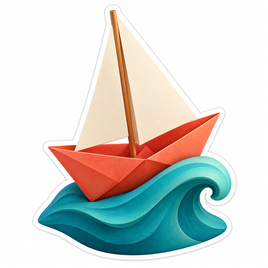 Coral Paper Sailboat on Curled Teal Wave Vinyl Decal Stickers