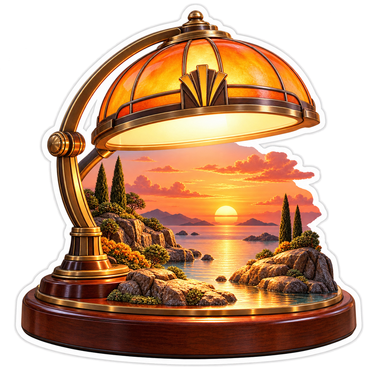 Amber Desk Lamp Over Coastal Sunset Scene Art Vinyl Decal Stickers