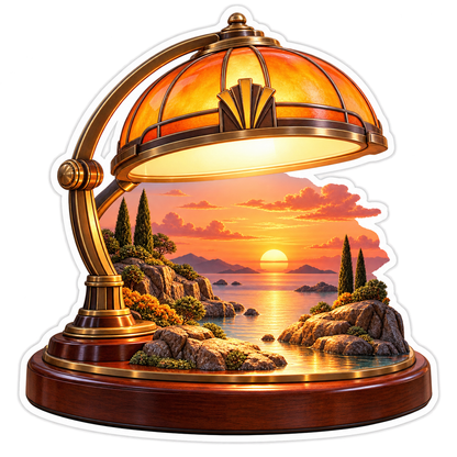 Amber Desk Lamp Over Coastal Sunset Scene Art Vinyl Decal Stickers
