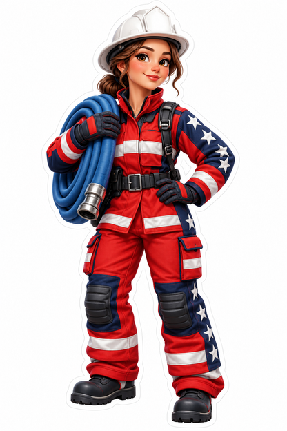 Patriotic Firefighter Holding Hose Art Vinyl Decal Stickers