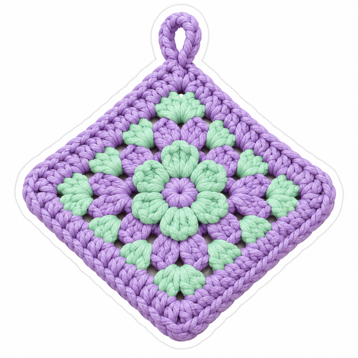 Lilac Mint Crochet Square with Floral Center Vinyl Decal Stickers
