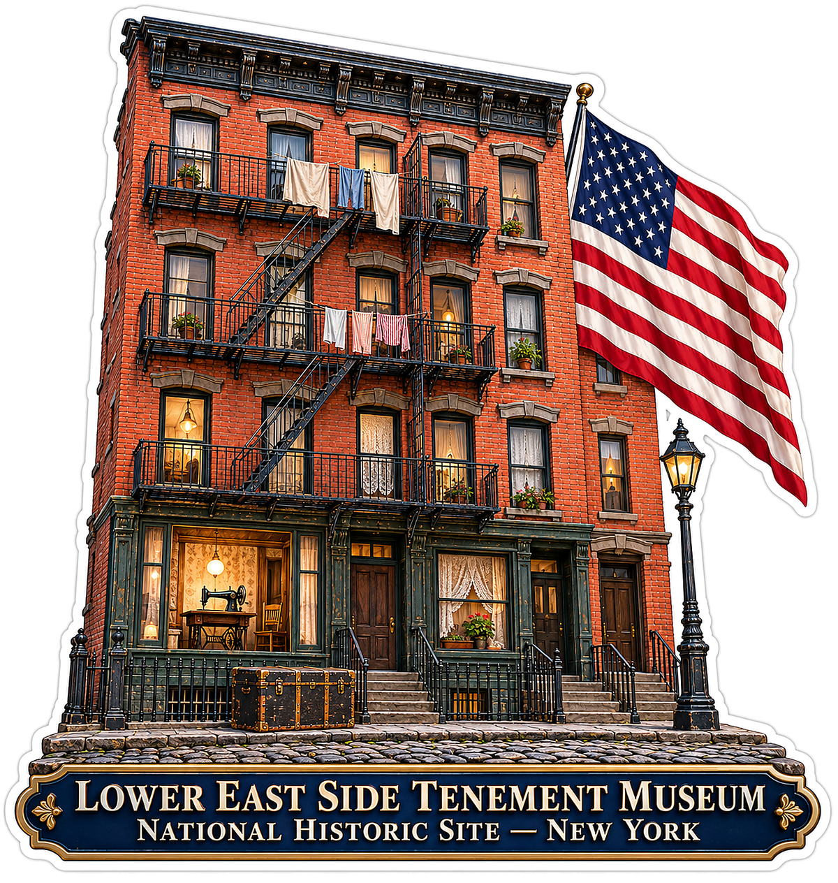 New York Red Brick Tenement US Flag Art Vinyl Decal Stickers