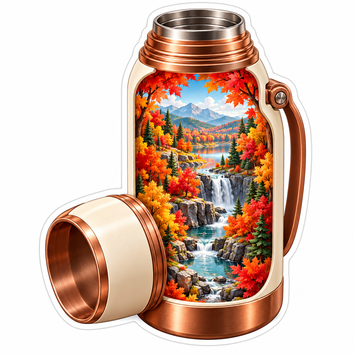 Copper Drink Flask with Autumn Waterfall Vinyl Decal Stickers