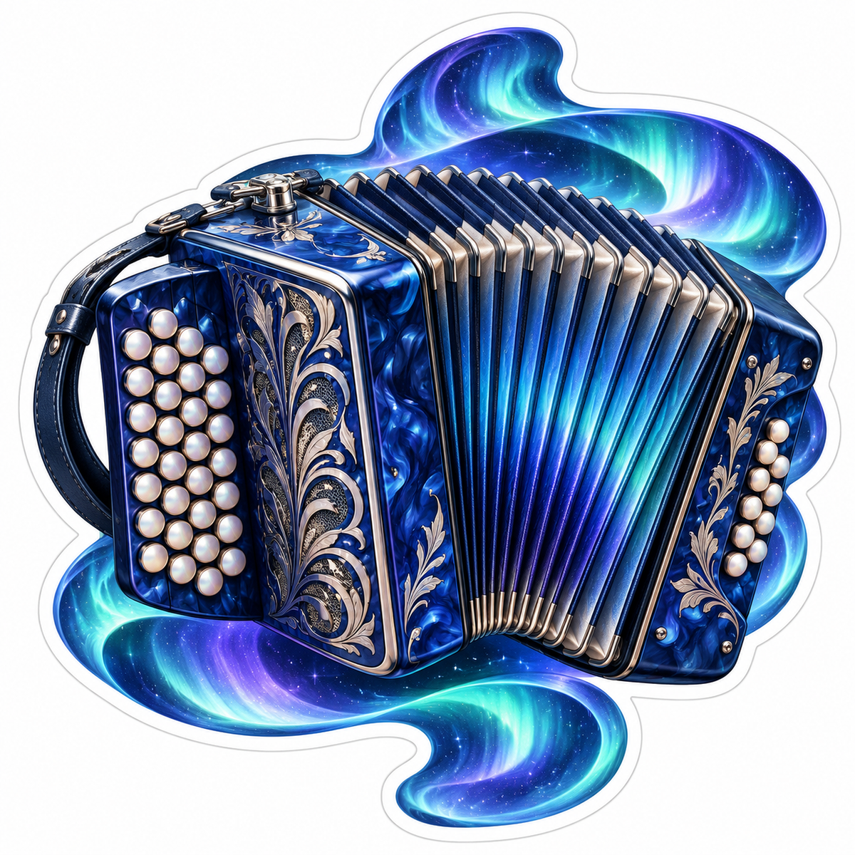 Blue Accordion With Flowing Aurora Ribbons Art Vinyl Decal Stickers